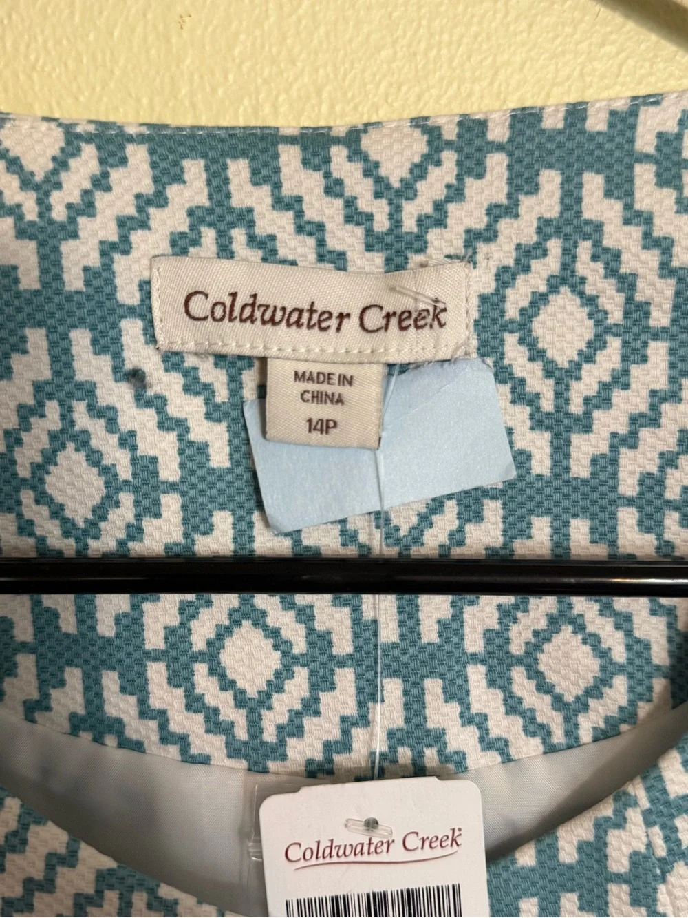 NWT Coldwater Creek Teal and White Geometric Open-Front Blazer